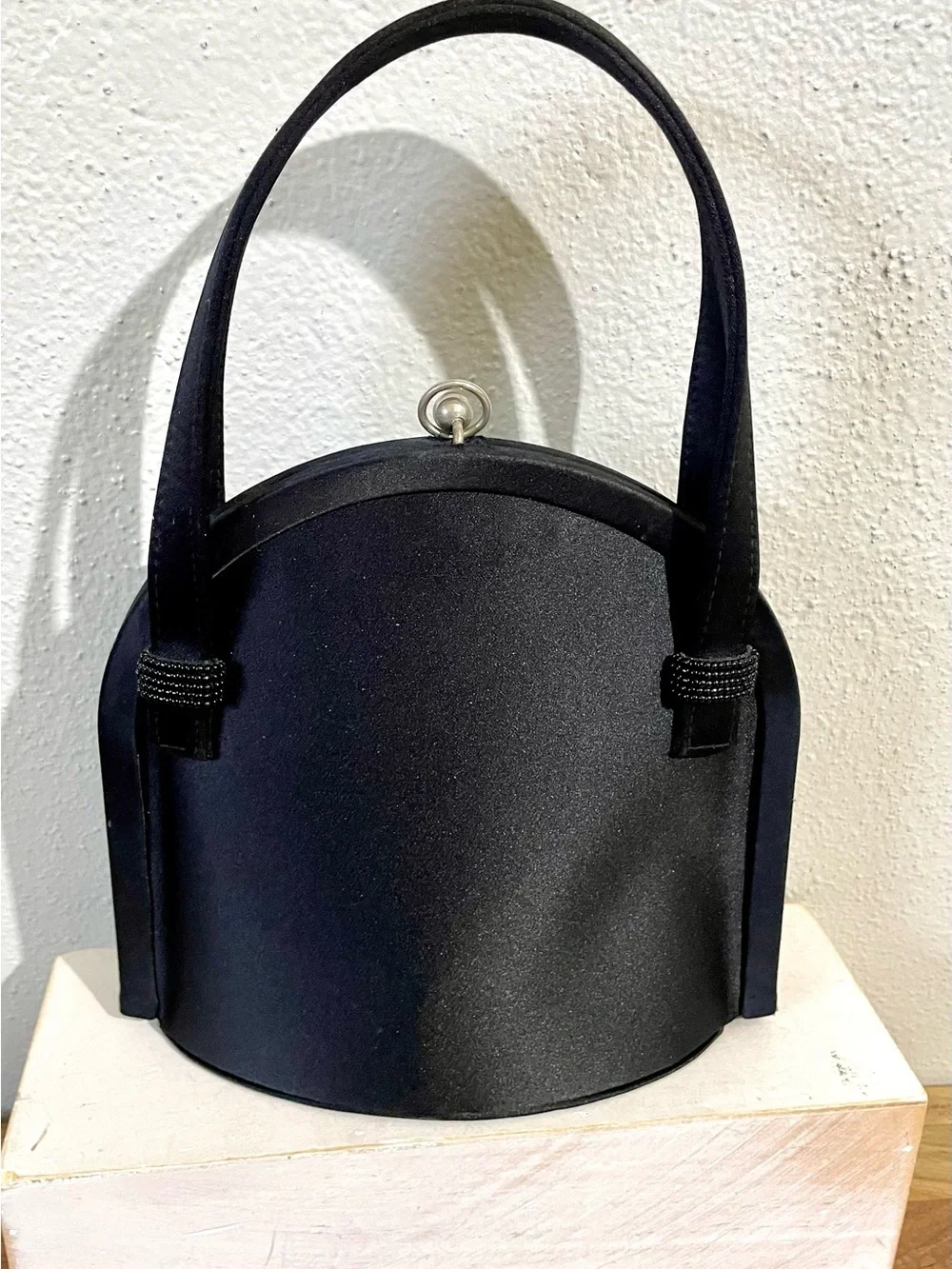 La Regale Black Satin Evening Top Handle Bag Clutch Formal Purse Vintage Handbag